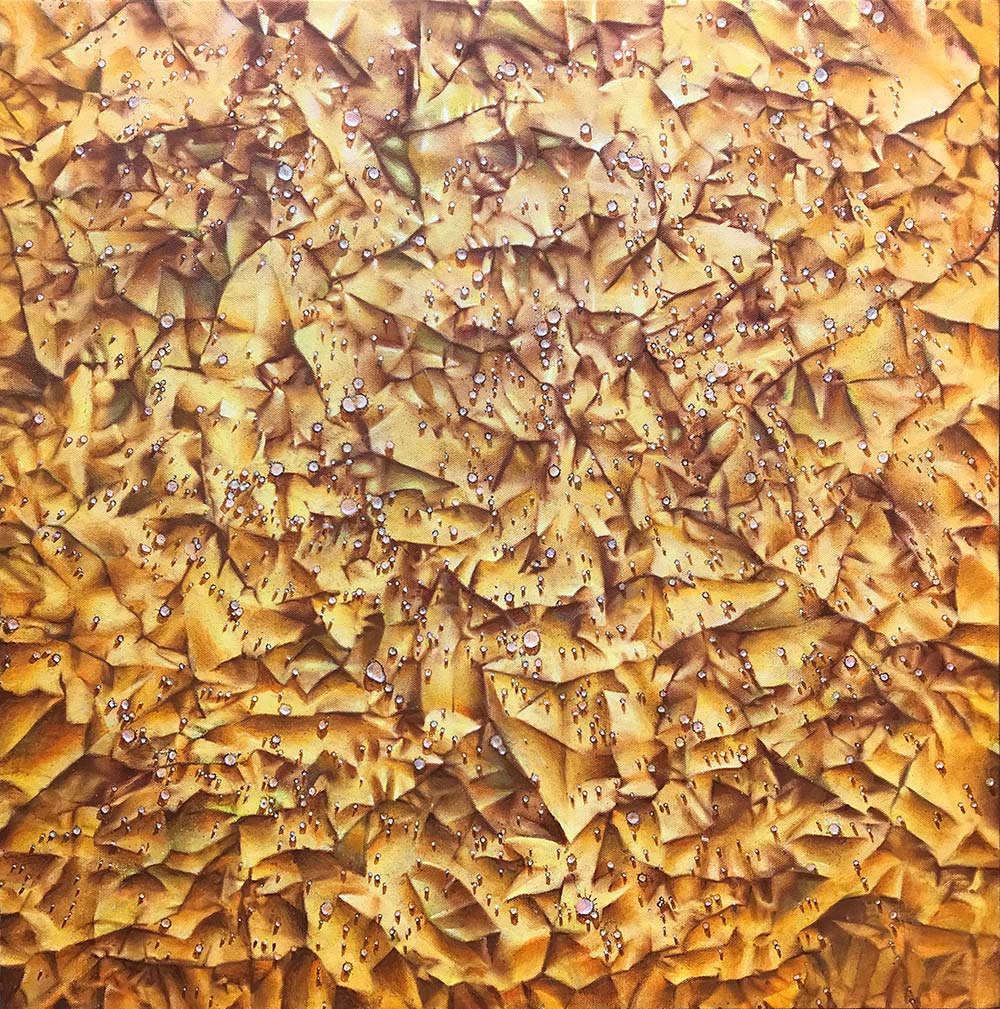 Yellow Crinkle Covid, acrylic on canvas, 24x24, 2021
