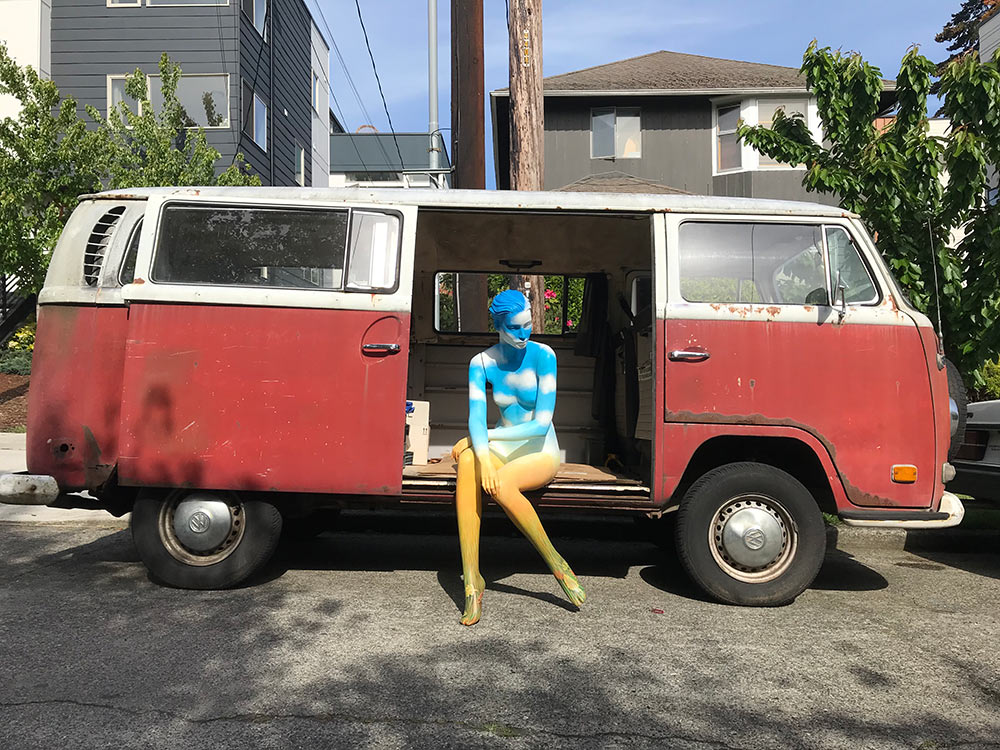 Painted mannequin in 1971 VW Bus