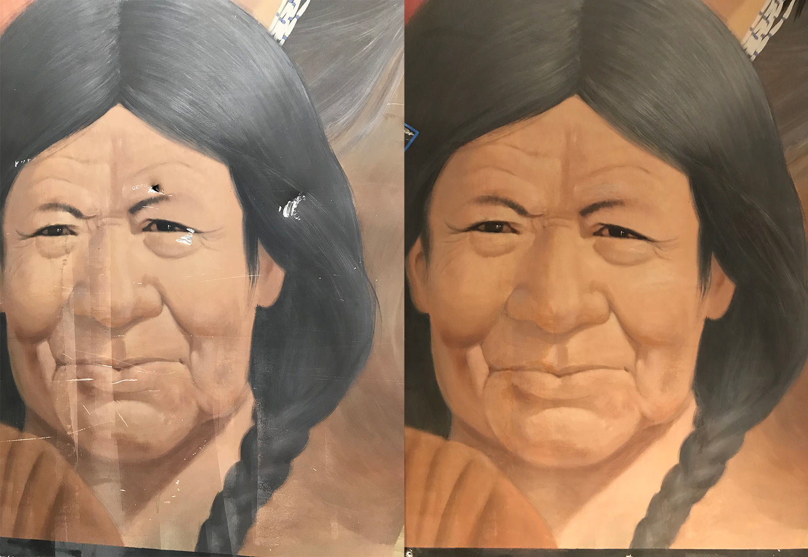 Detail section of portrait restoration process (before and after).