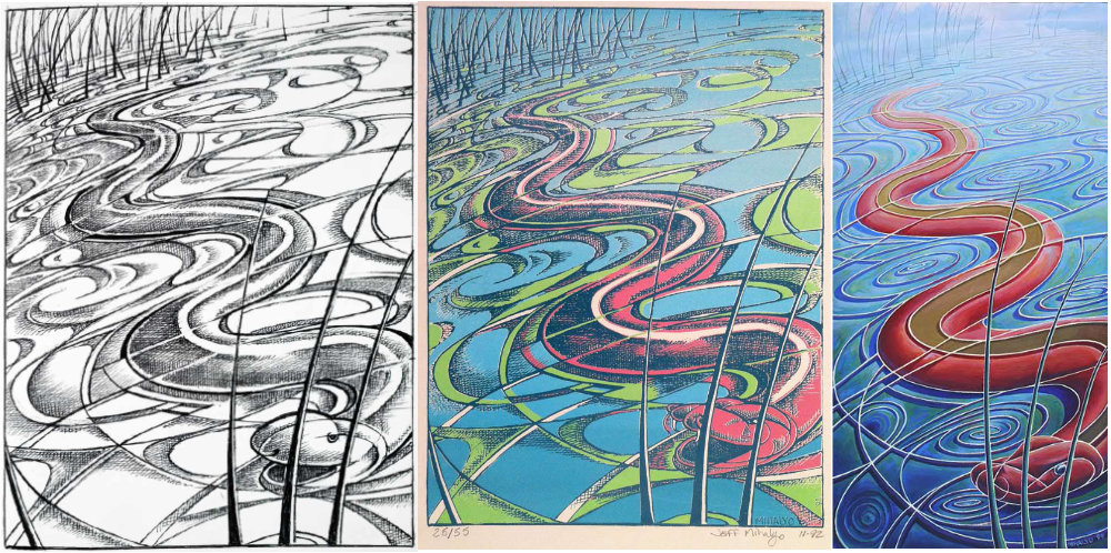 Rain Snake: drawing, silkscreen print, and oil painting